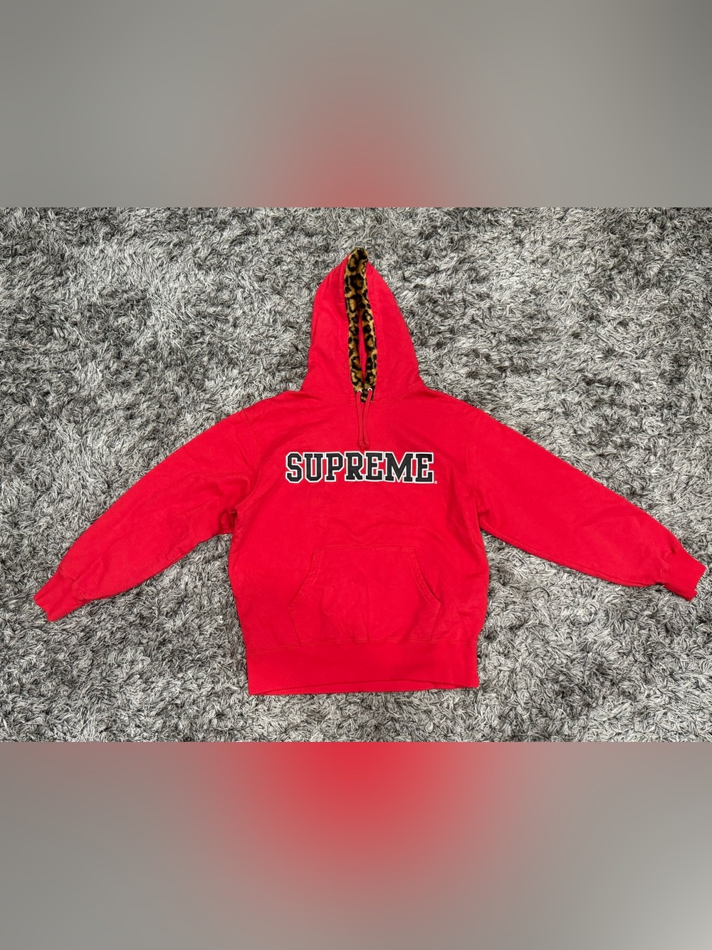 Supreme Leopard Fur Hood Trim Pullover Hoodie Red Sweater Men Size Medium